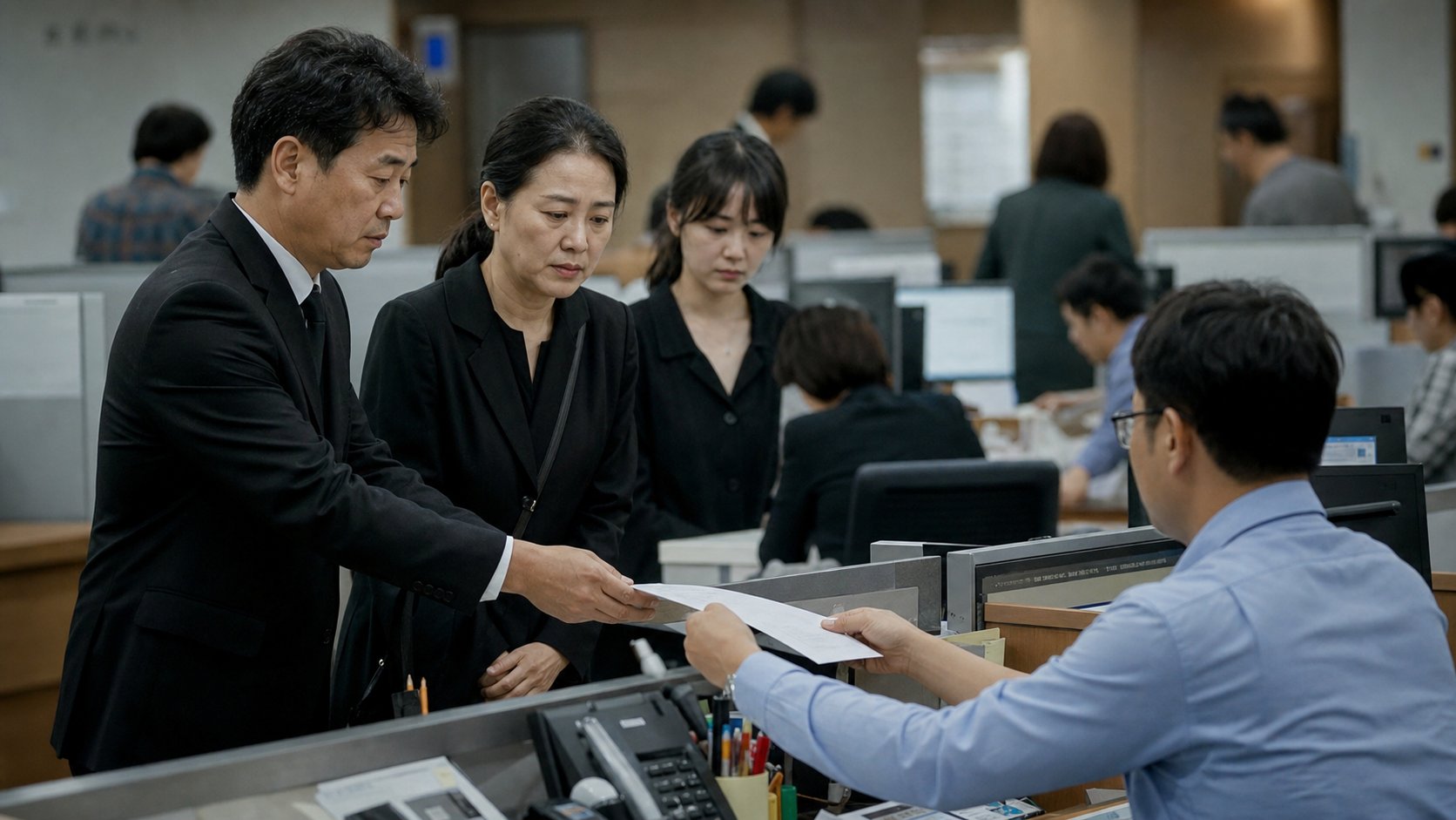주민센터에서 사망신고 서류를 제출하는 유가족