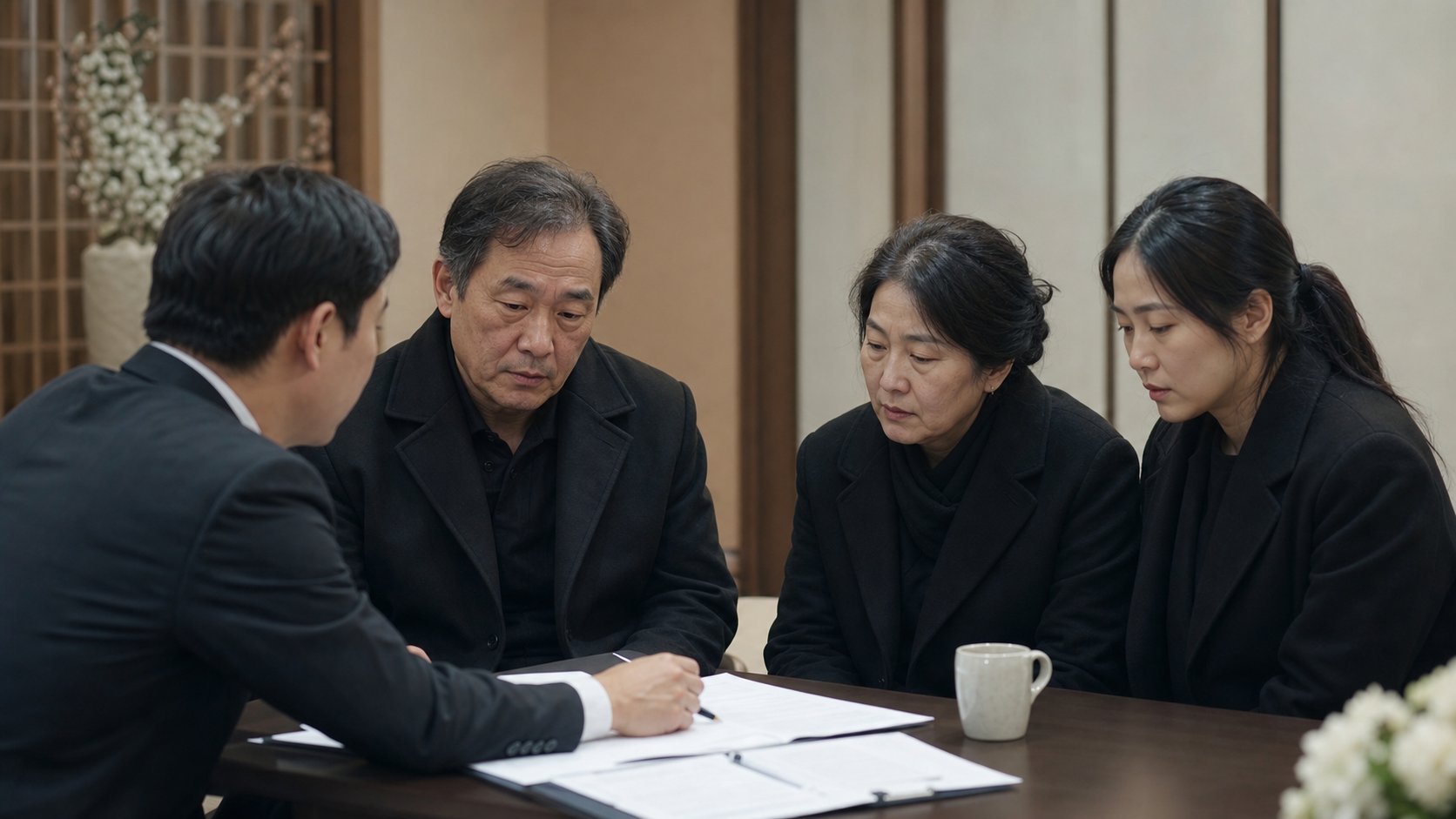 유가족이 장례식장 직원과 상담하는 장면