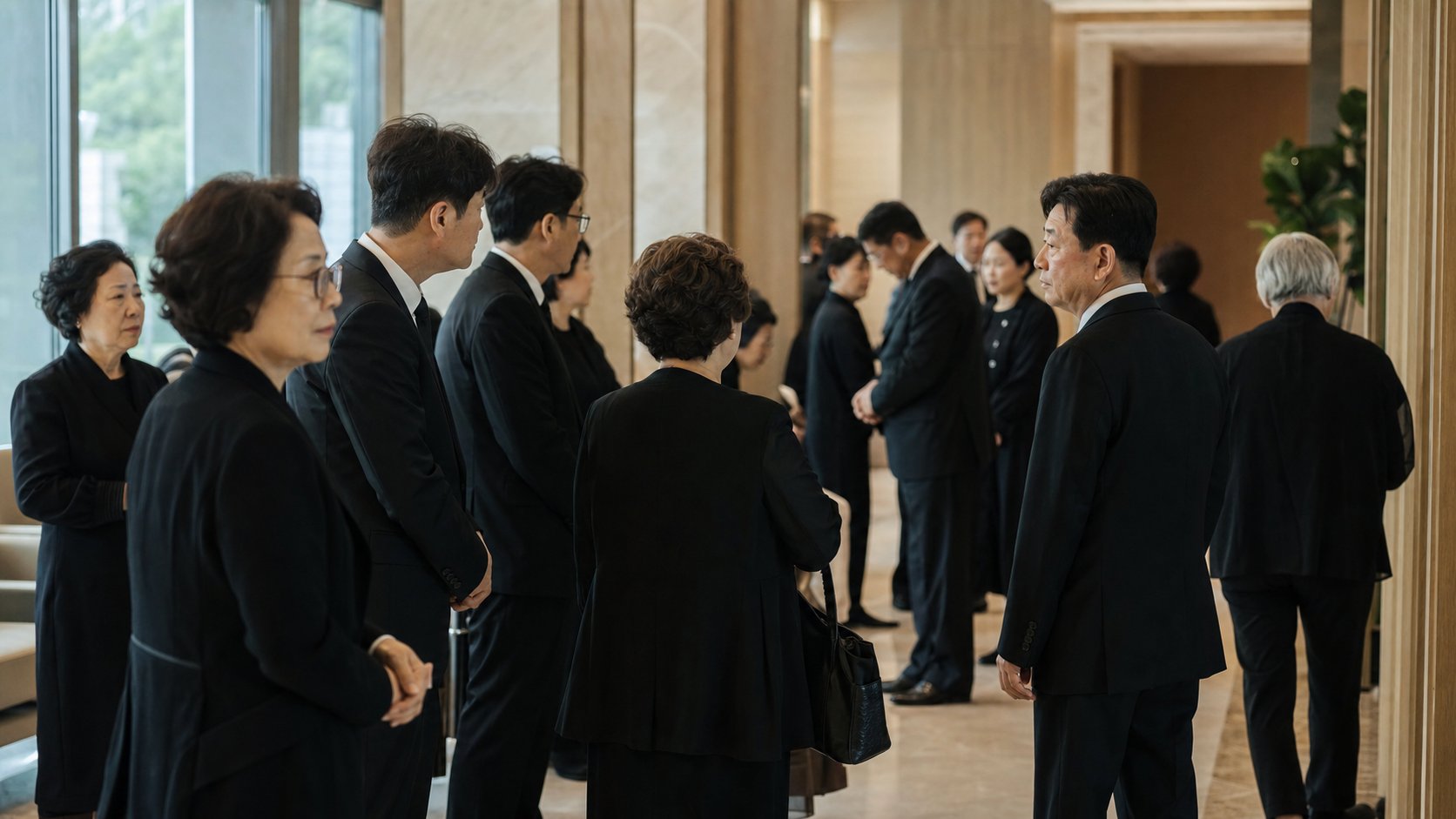 장례식장 로비를 살펴보는 가족