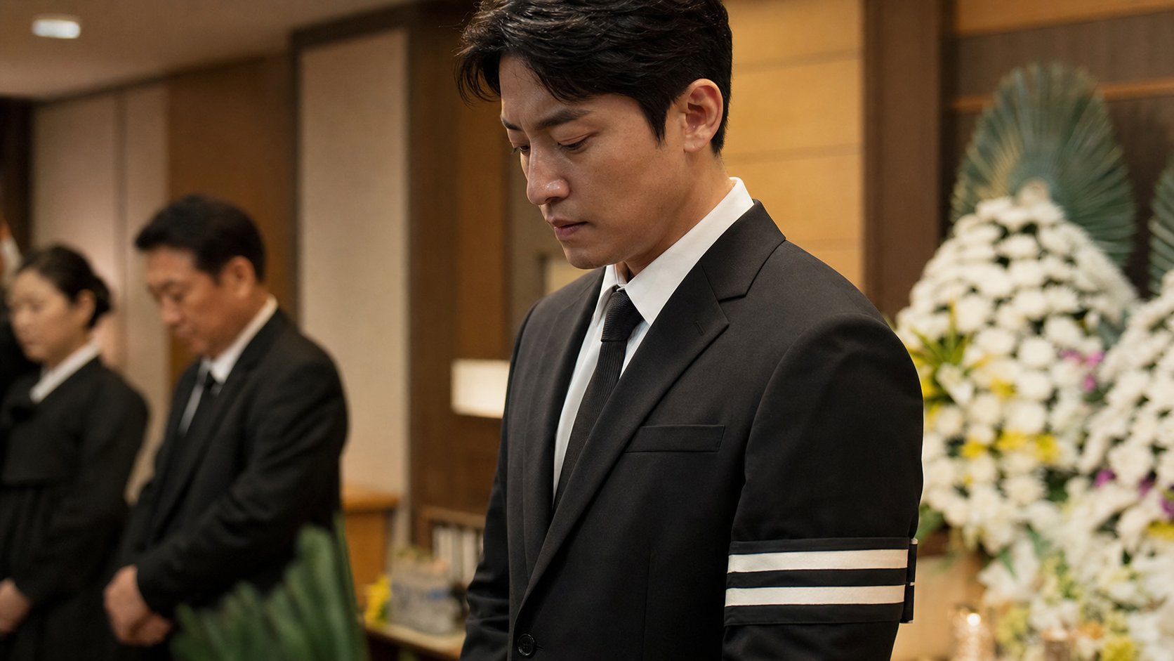 검은 양복에 완장을 착용한 남성 상주 클로즈업