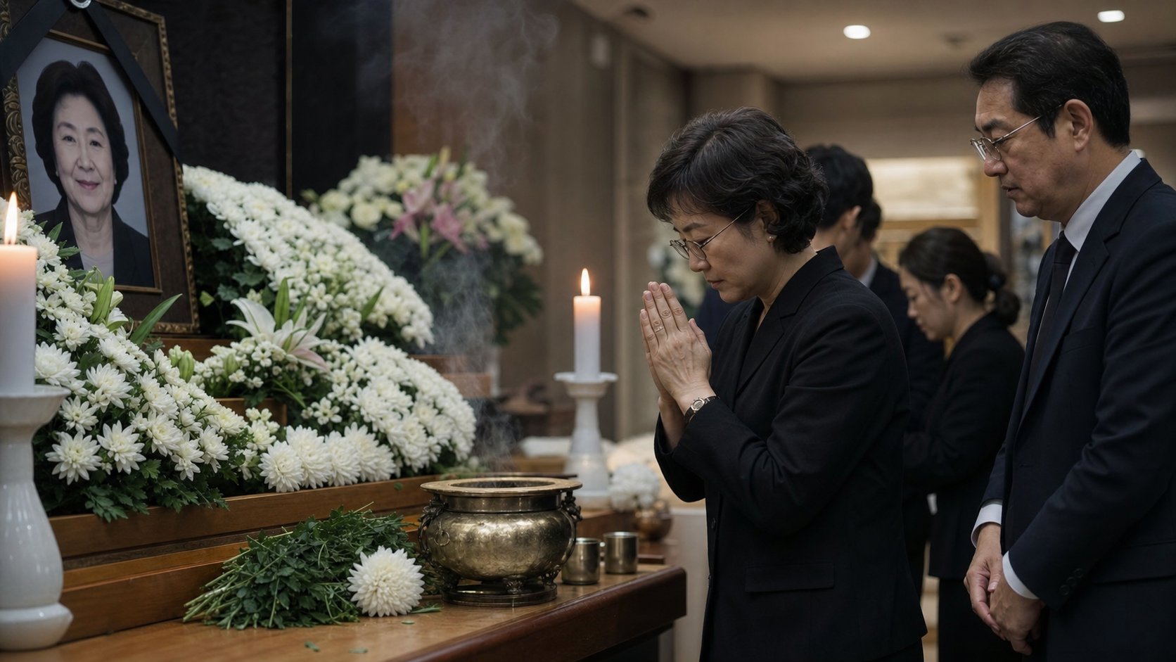 빈소 제단 클로즈업 영정사진 앞 향로와 흰 국화