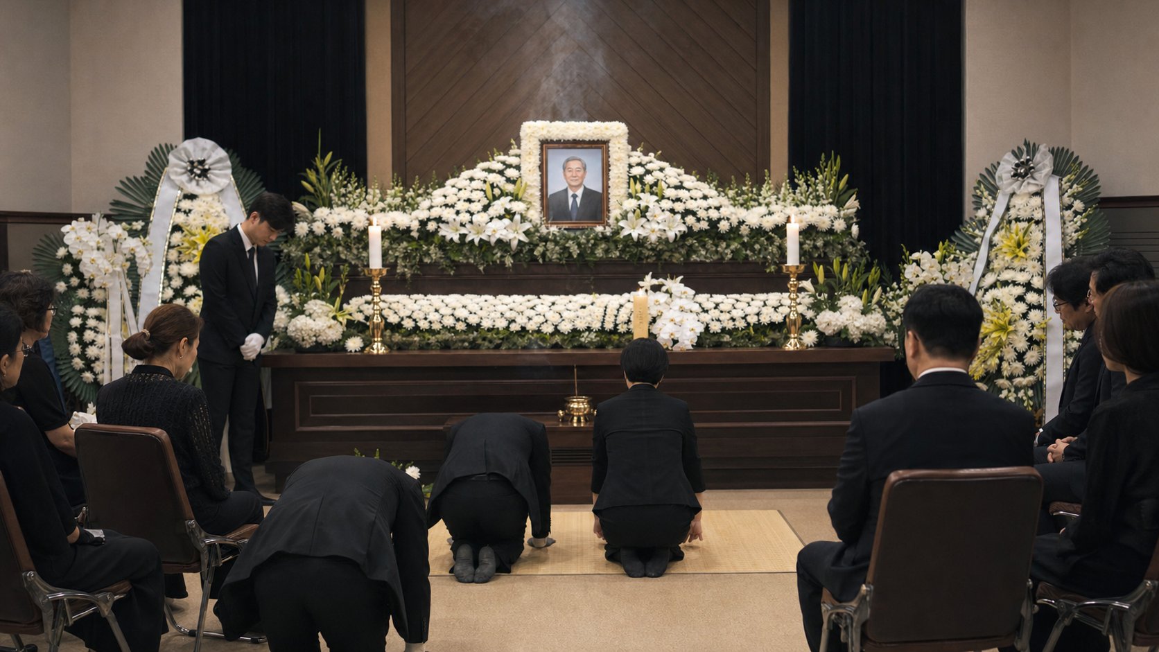 빈소 제단과 조화가 정돈된 전체 빈소 내부 전경