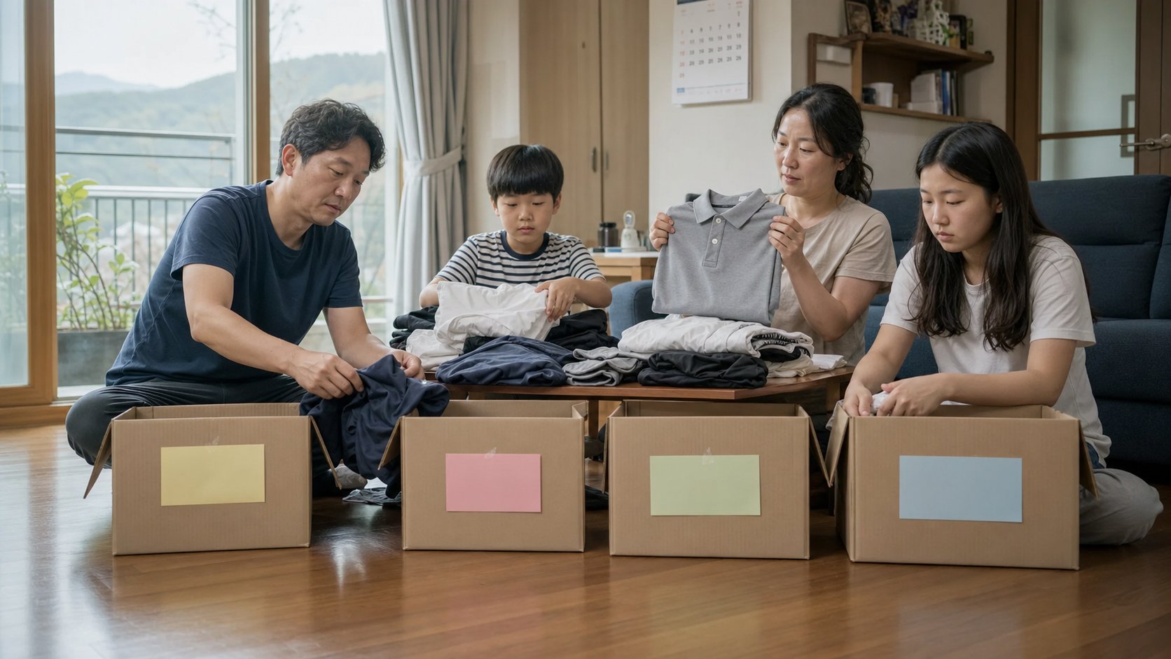 거실 바닥에 라벨이 붙은 큰 박스 네 개를 두고 가족이 옷가지를 분류하는 장면