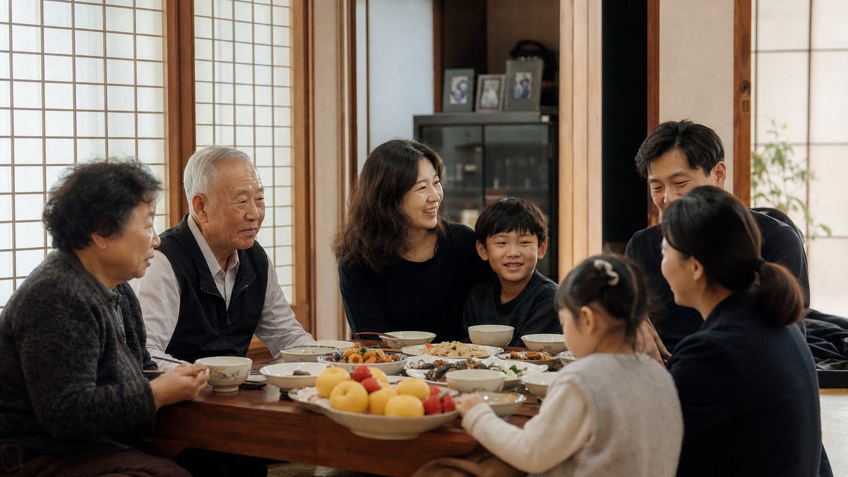 차례를 마치고 둘러앉아 함께 음복 음식을 나누는 가족 장면