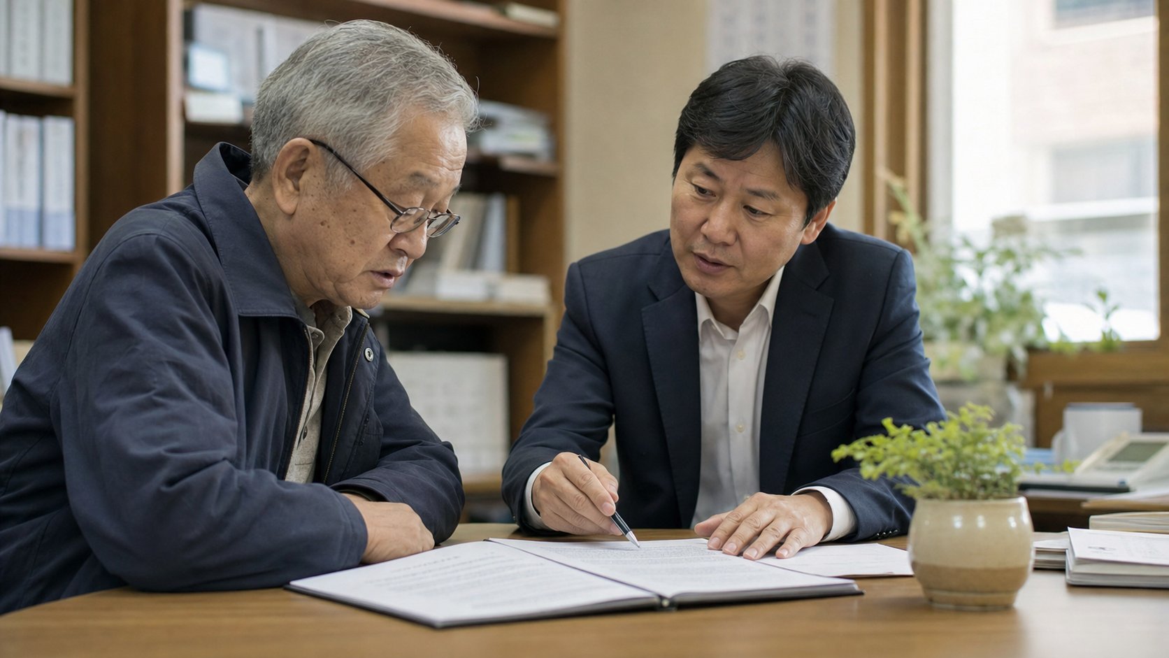70대 노인이 사회복지사 또는 변호사와 마주 앉아 서류를 함께 검토하는 모습