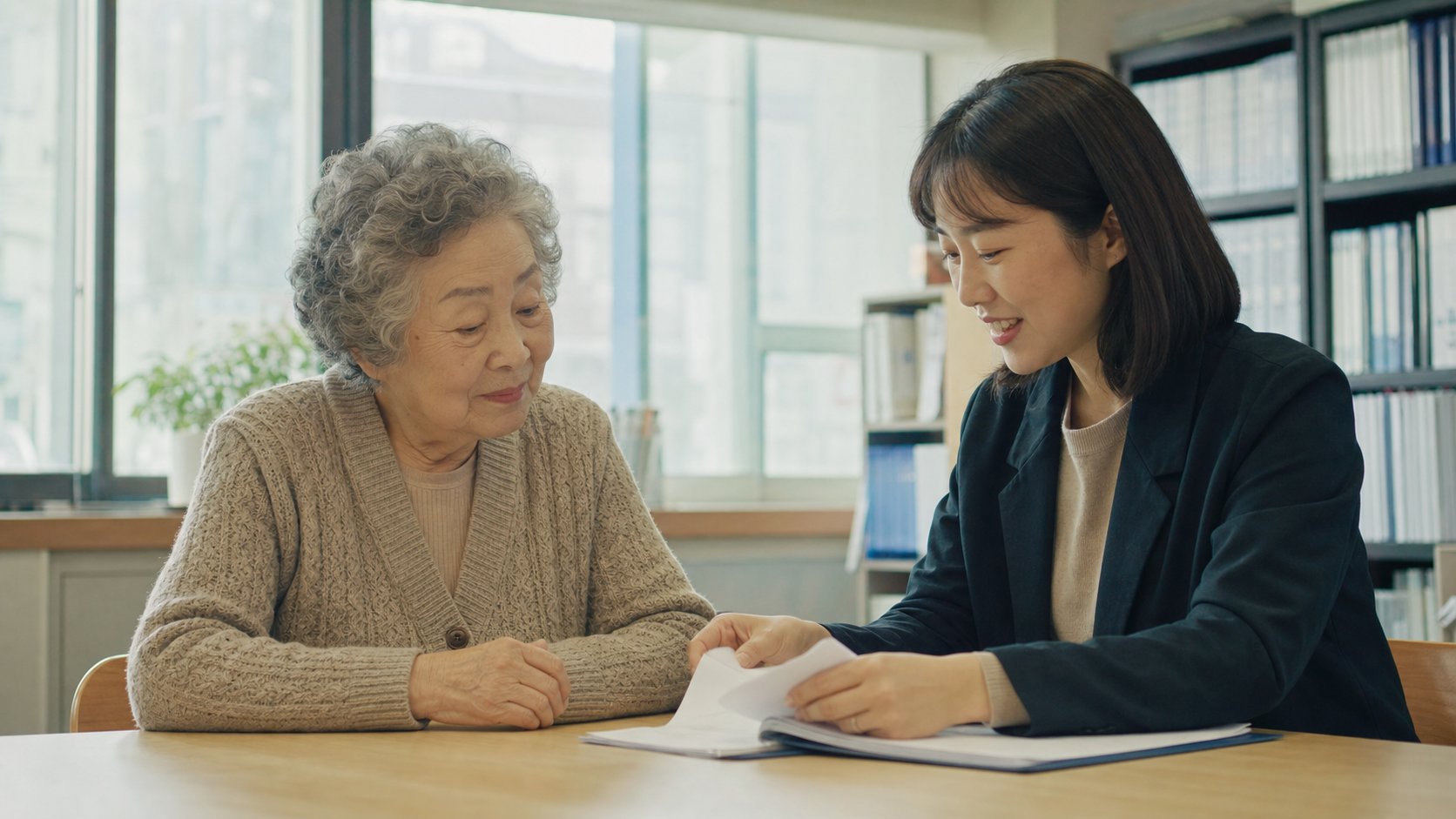 노년 어르신과 사회복지사가 햇살 드는 사무실에서 서류 폴더를 정리하며 대화 나누는 장면