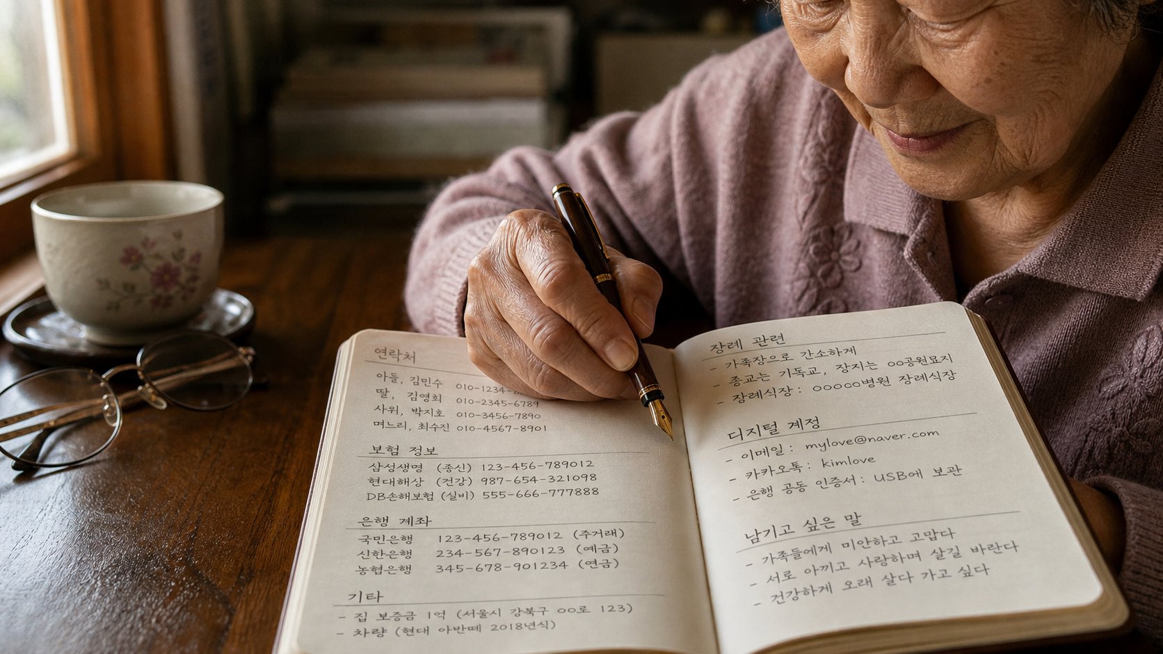 정성껏 정리된 엔딩 노트 위에 노인의 손이 만년필을 쥐고 페이지를 넘기는 클로즈업