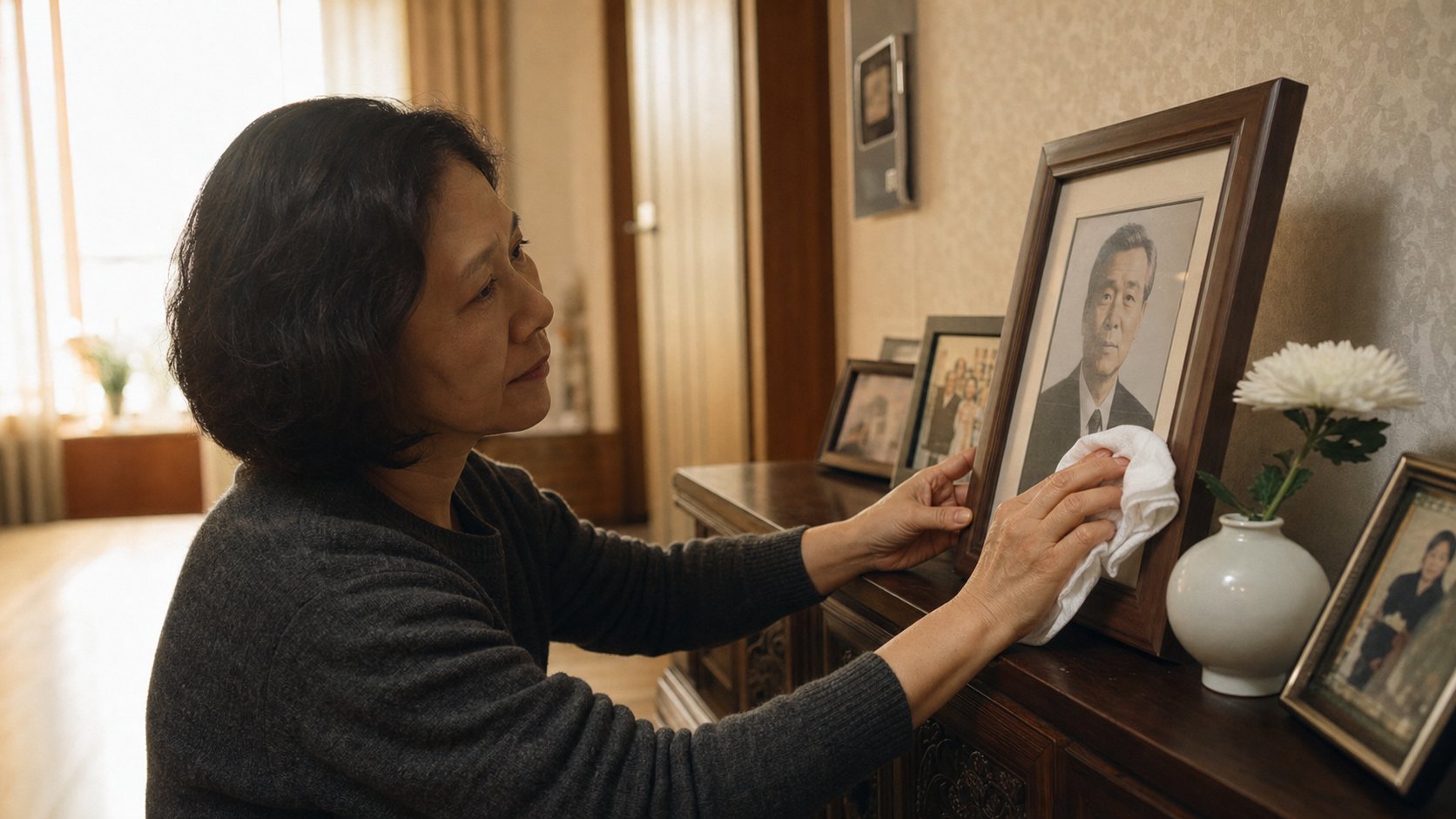 가정에서 영정사진 액자를 보관하고 관리하는 모습