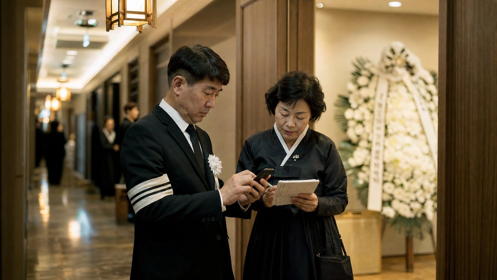 장례식장 복도에서 상주가 부고 메시지를 발송하는 모습