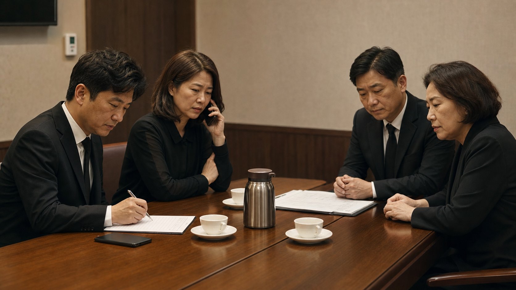 장례식장 가족 휴게실에서 가족이 장례 준비를 의논하는 모습