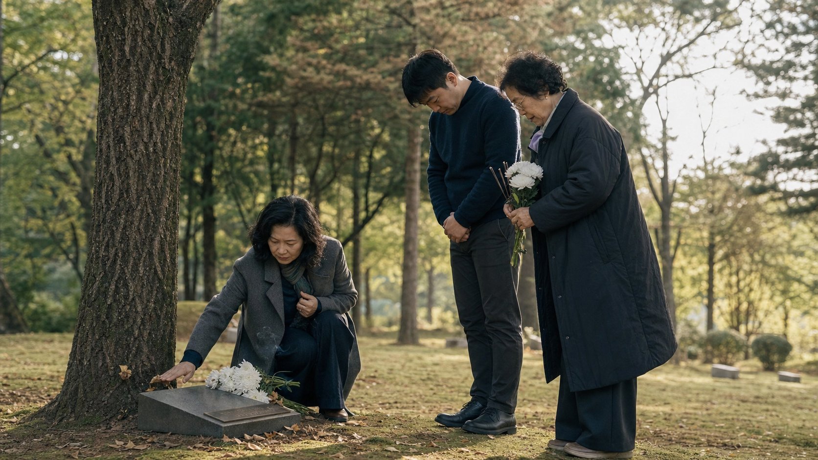 수목장에서 헌화하며 추모하는 가족