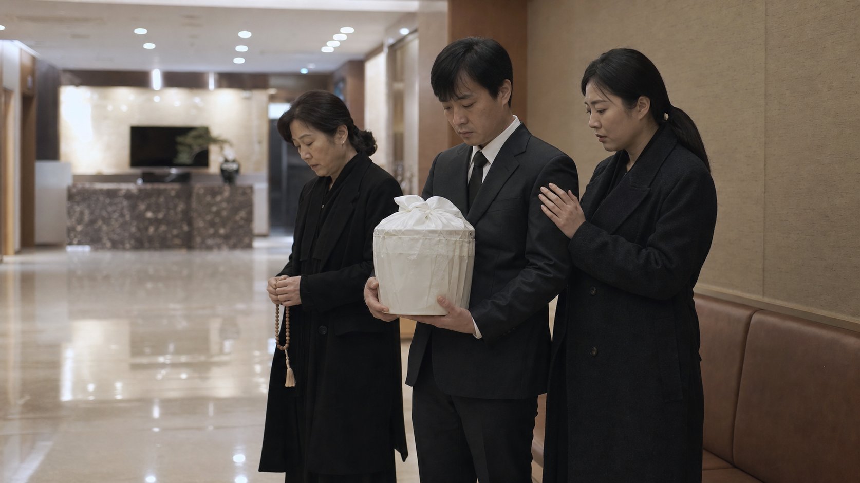 화장장 대기실에서 유골함을 안고 묵념하는 가족