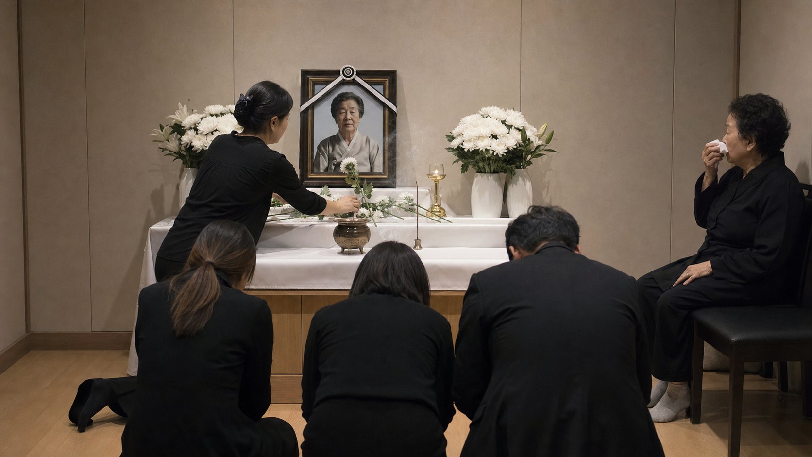 가족 빈소에서 영정 앞에 헌화하며 추모하는 모습