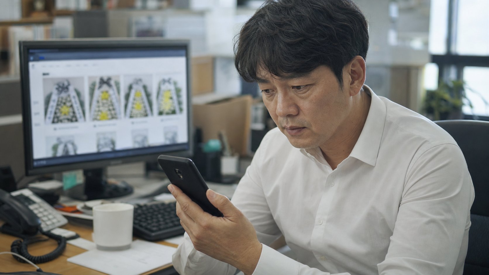 사무실에서 부고 문자를 받고 화환 주문을 검토하는 직장인