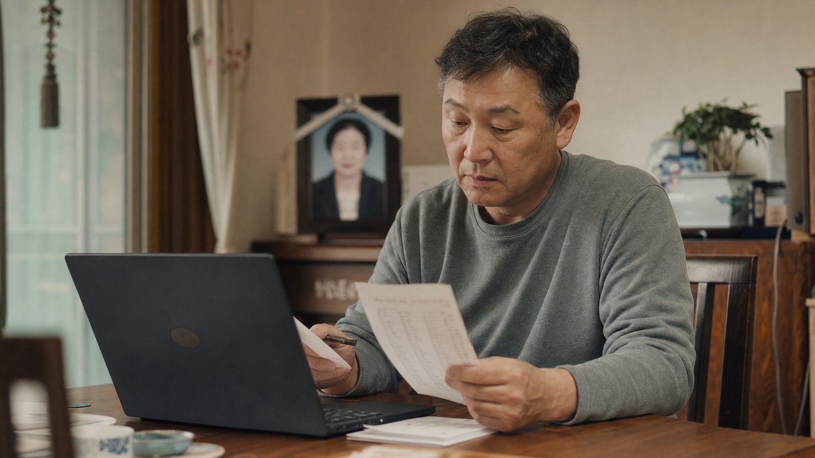 노트북 앞에서 조문객 명단을 정리하는 가족