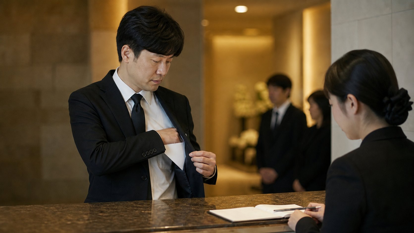 장례식장 접객실 입구에서 부의금 봉투를 정리하는 조문객