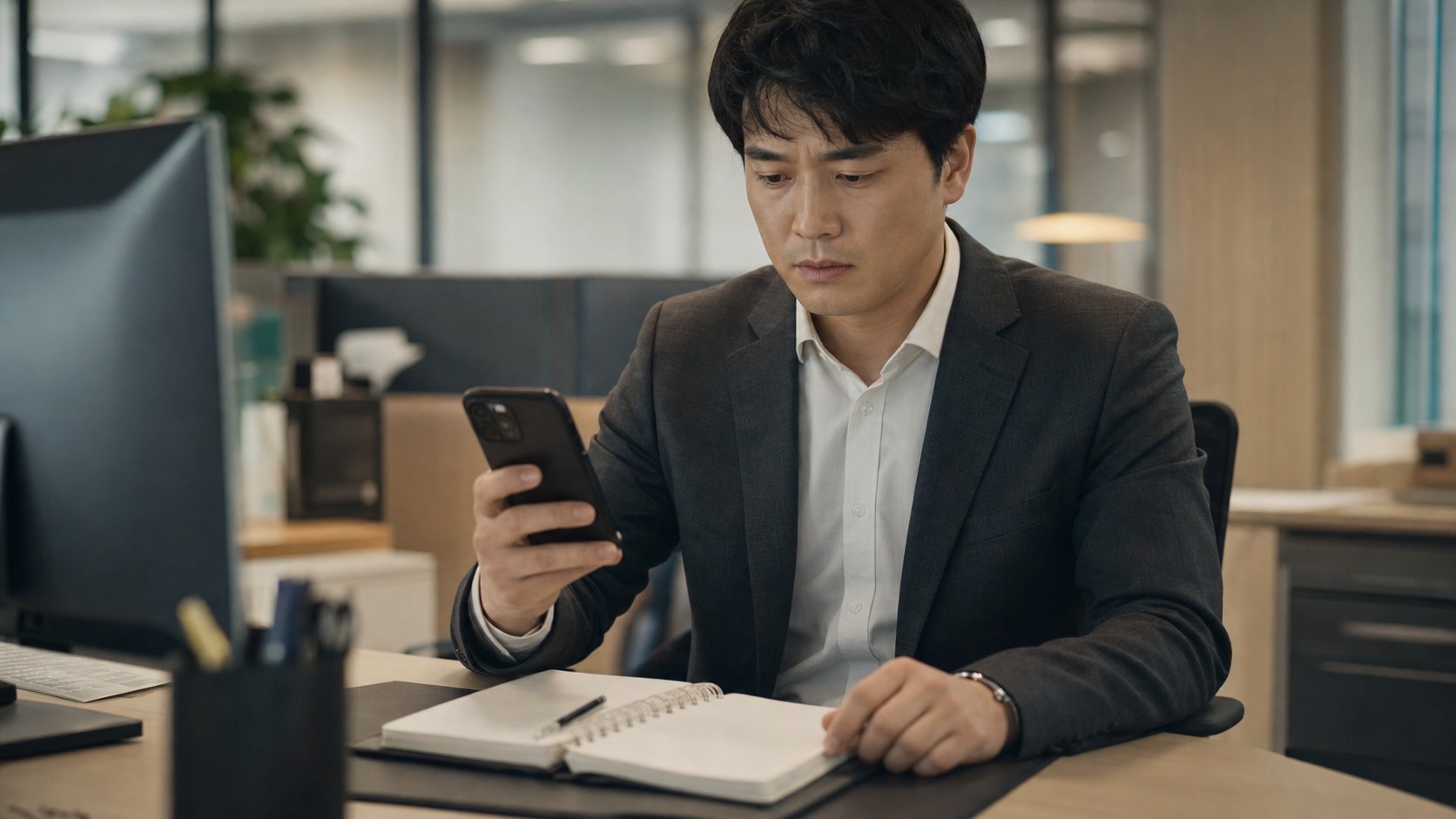 사무실 책상에서 갑작스러운 부고 문자를 보고 일정표를 정리하는 직장인