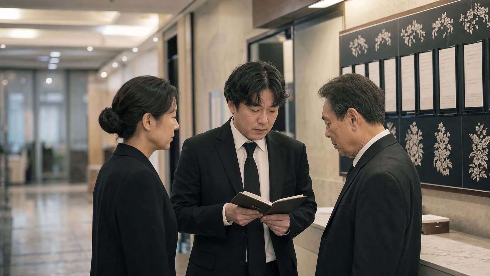 장례식장 안내문 옆에서 차분히 의논하는 검은 옷차림 가족