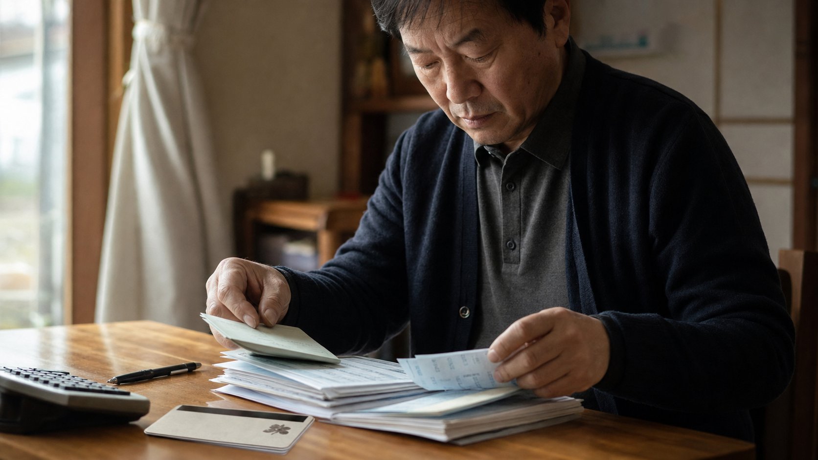 상조 적립 명세서와 통장을 정리하는 50대의 손