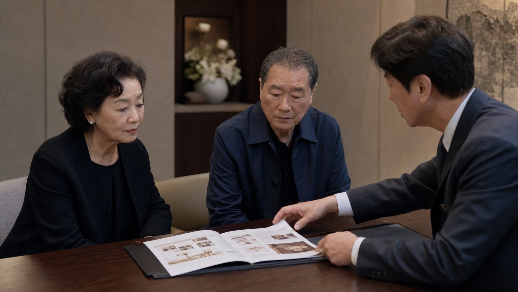 상조 상담실에서 선불제와 후불제 설명을 듣는 부부