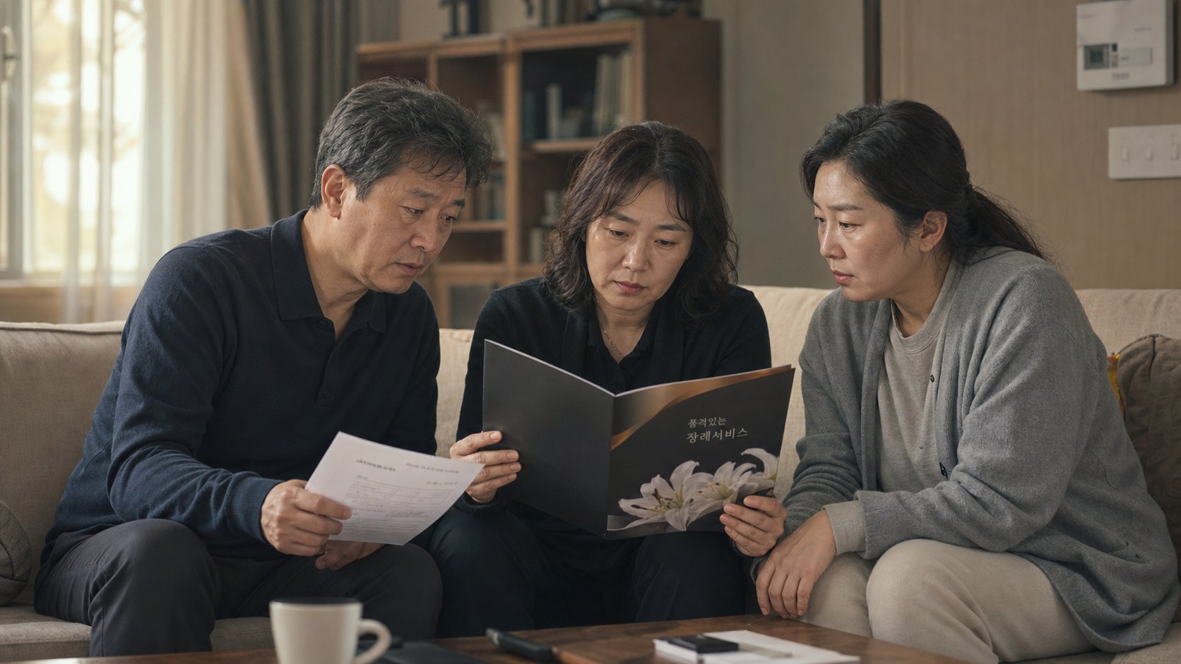 거실 소파에서 상조 안내서와 등록증을 검토하는 가족