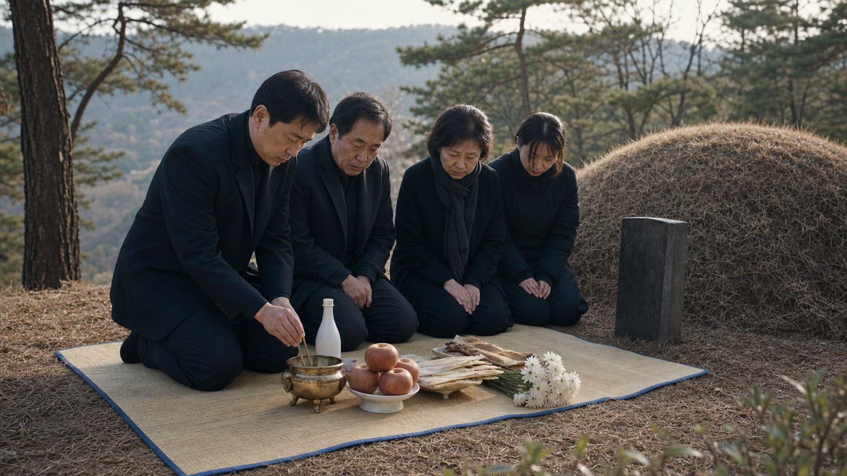산소 앞에서 가족이 삼우제 제수를 차리고 향을 피우는 모습