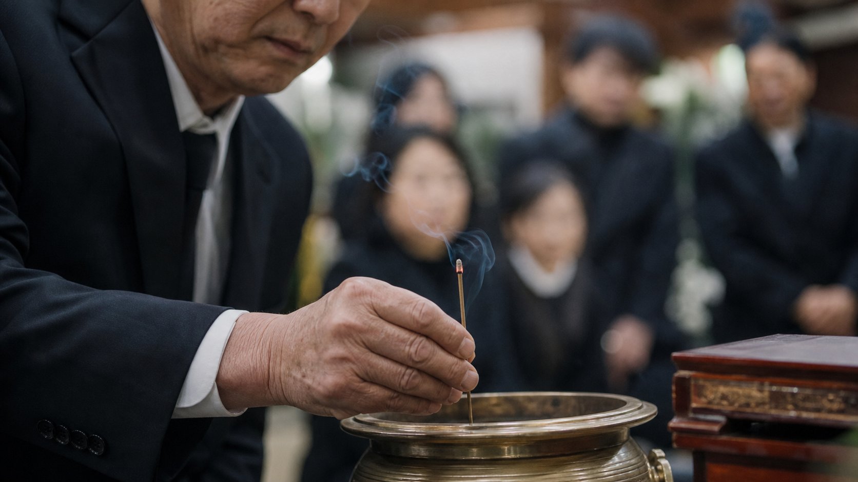 상주가 향로에 향을 꽂으며 분향하는 모습