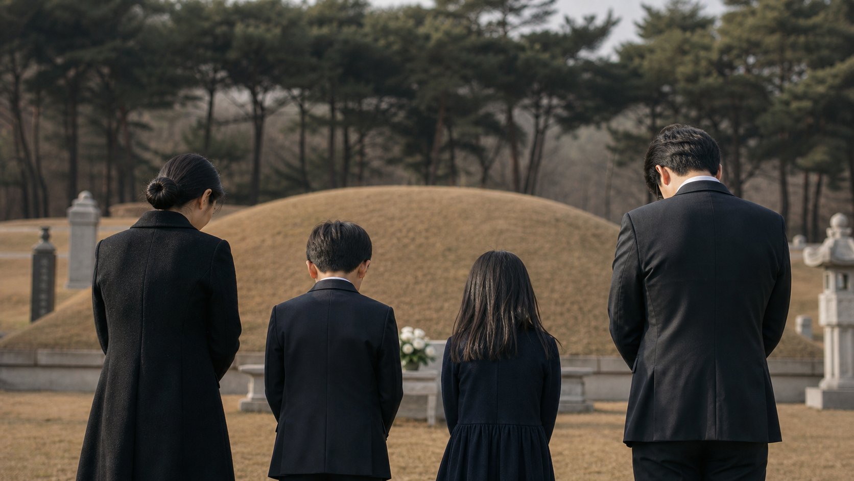 산소 앞에서 절을 마치고 묵상하는 가족의 뒷모습