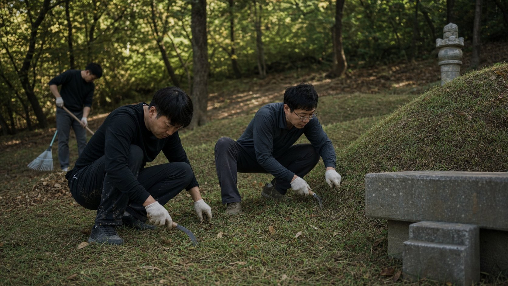 가족이 산소 주변의 잡초를 정리하며 봉분을 손질하는 모습