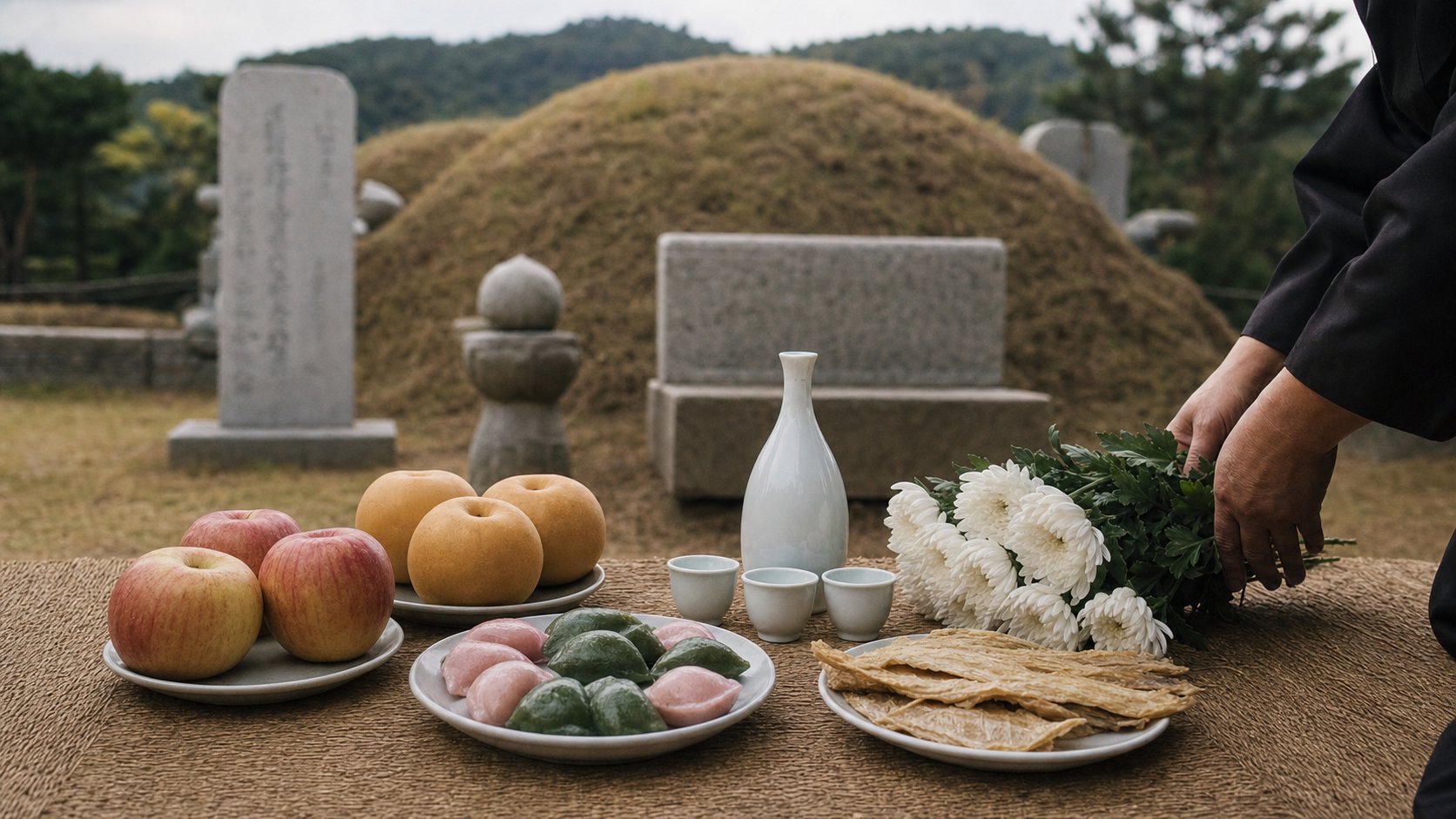 산소 앞 돗자리에 차린 송편 과일 제수 음식