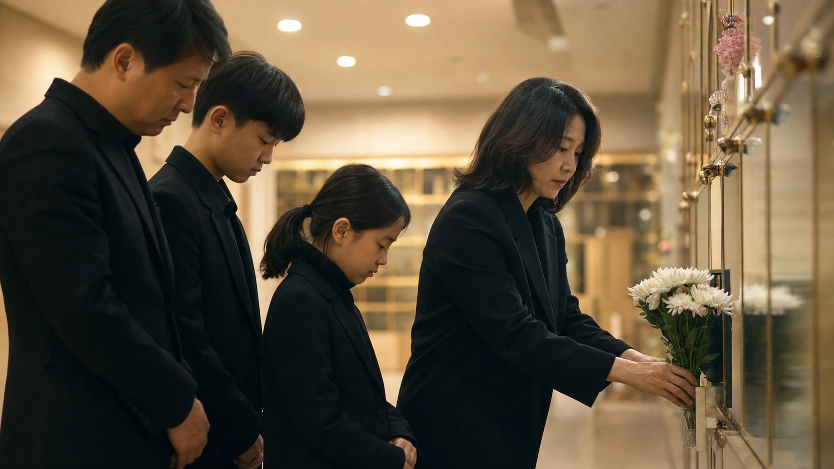 봉안당 봉안단 앞에 흰 국화를 헌화하고 묵상하는 가족