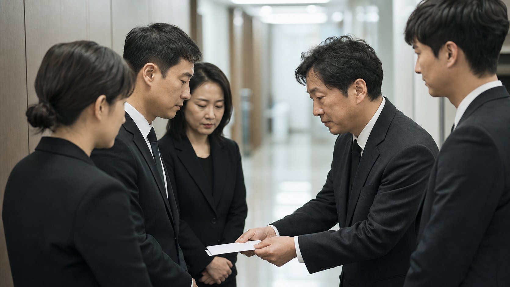 직장 동료들이 부조금 봉투를 전달하는 모습