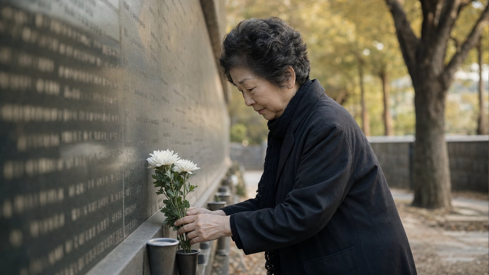 장기기증자 추모벽 앞에서 가족이 헌화하며 묵상하는 모습
