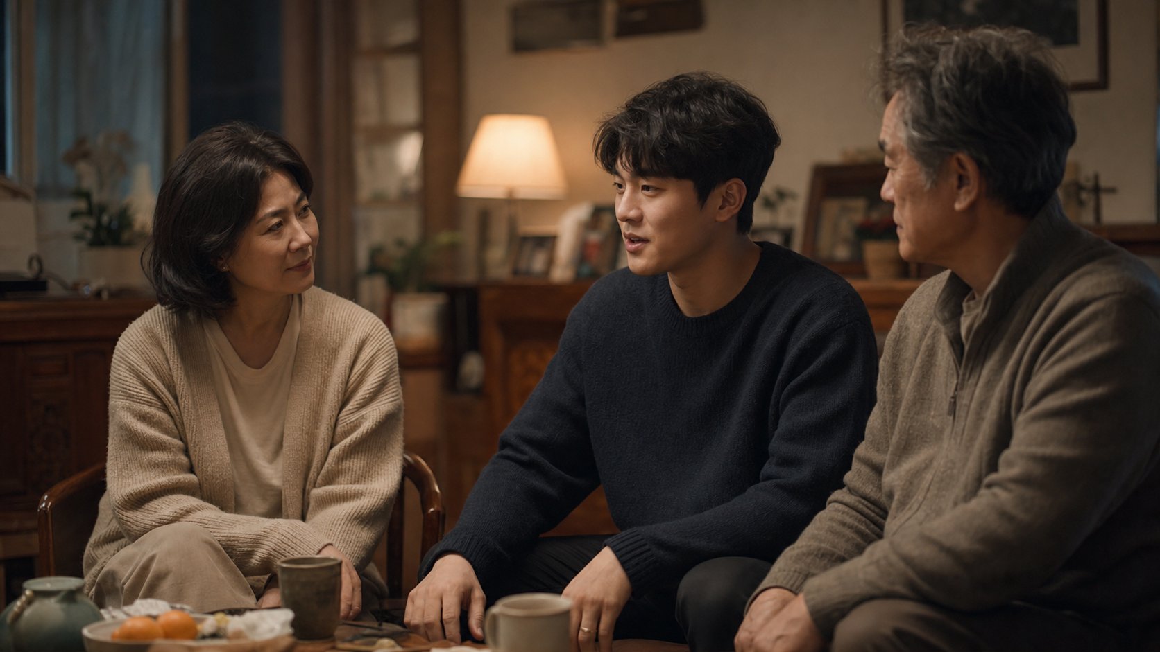 가족이 따뜻한 거실에서 조용히 이야기를 나누는 모습