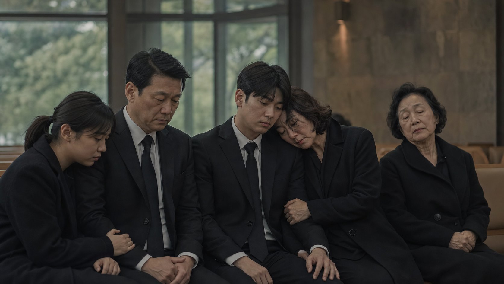 가족이 화장장 대기실에서 차분히 기다리는 모습