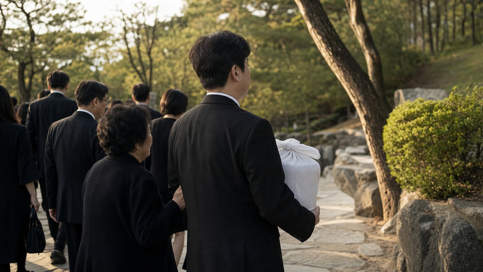 가족이 유골함을 정중하게 모시고 봉안당으로 이동하는 모습