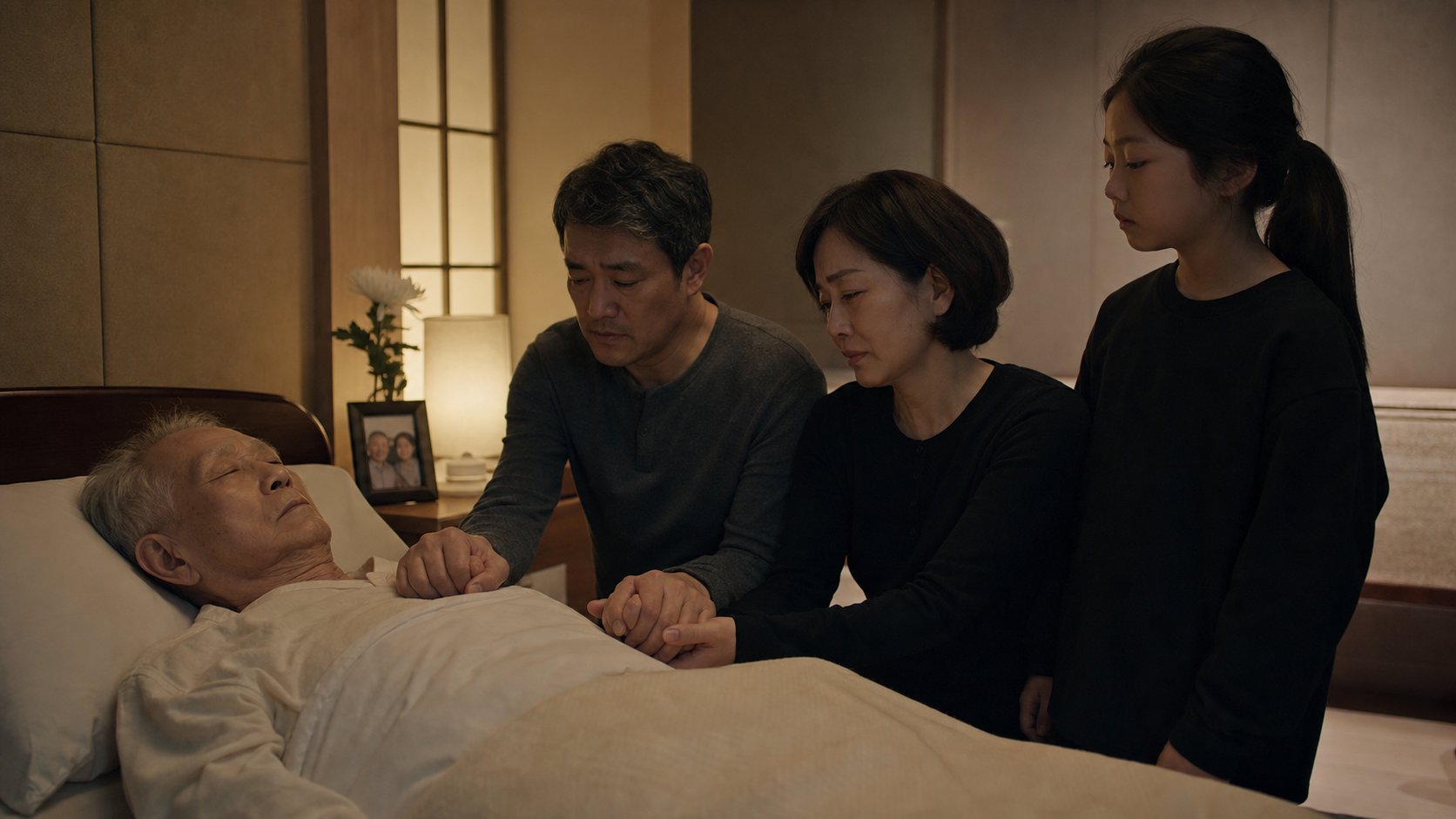 호스피스 병실에서 가족이 환자 곁을 지키며 마지막 시간을 보내는 모습