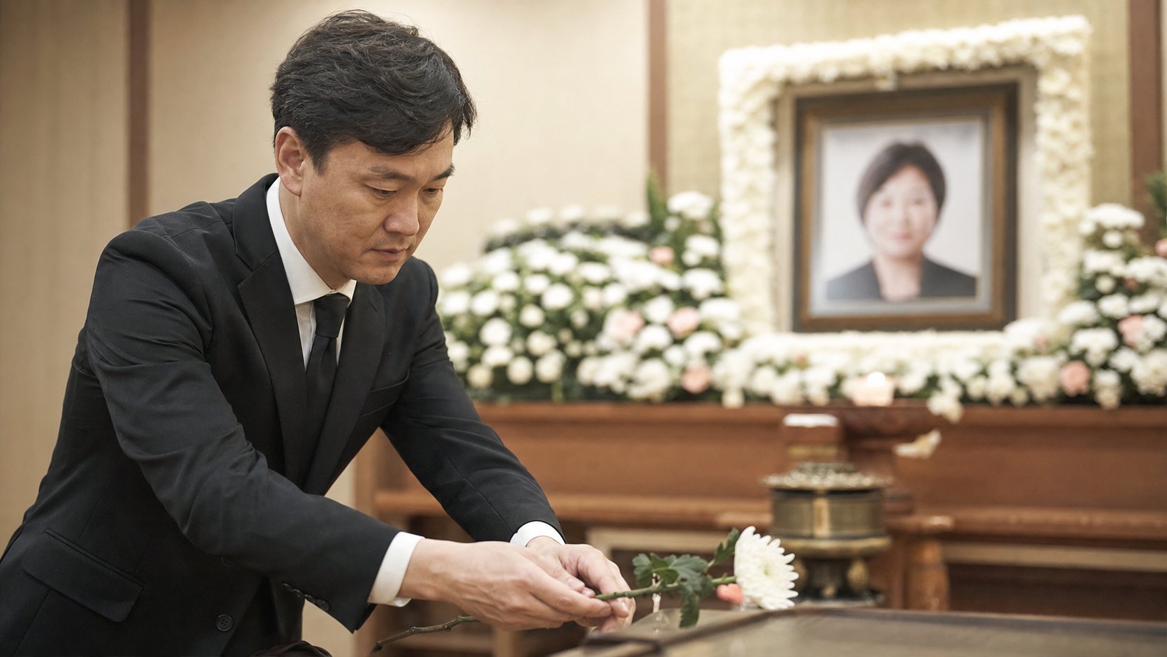 조문객이 영정 앞에 흰 국화를 헌화하는 모습