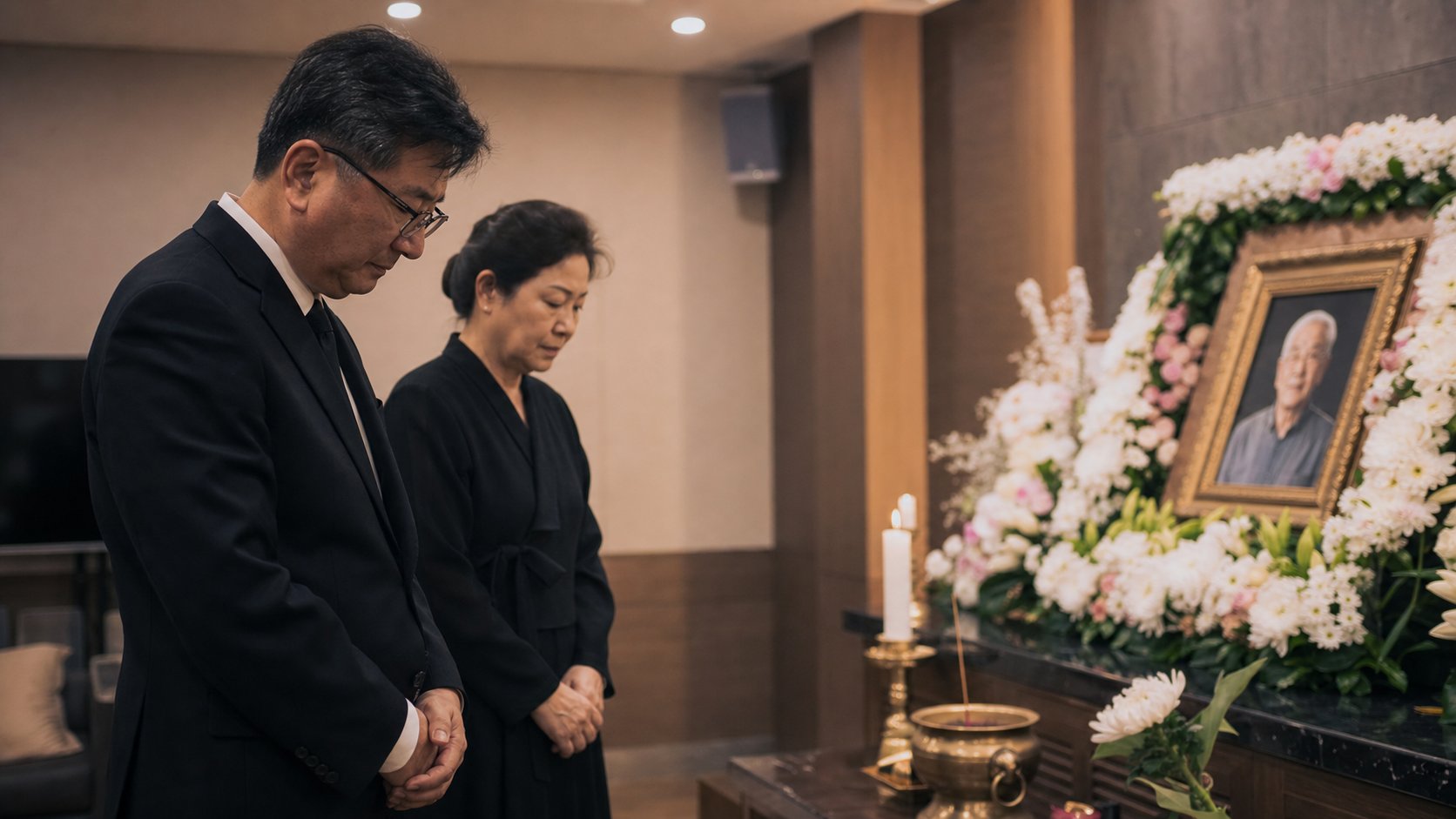 입관 후 가족이 빈소 영정 앞에서 묵념하는 모습