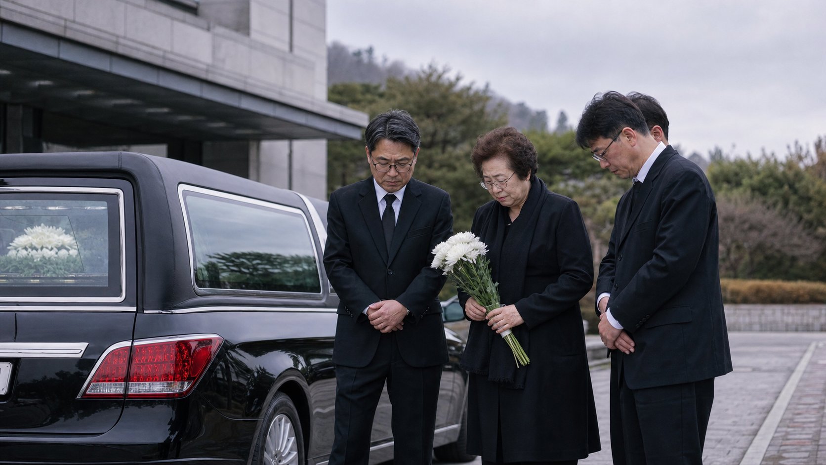 발인 직전 가족이 영구차 옆에서 정중히 서 있는 모습
