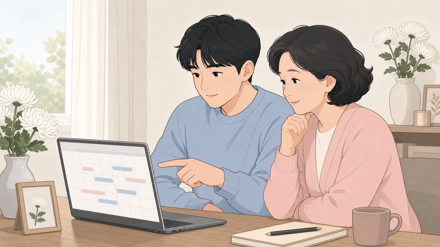 e하늘 화장 예약 시스템 화면을 함께 살피는 가족