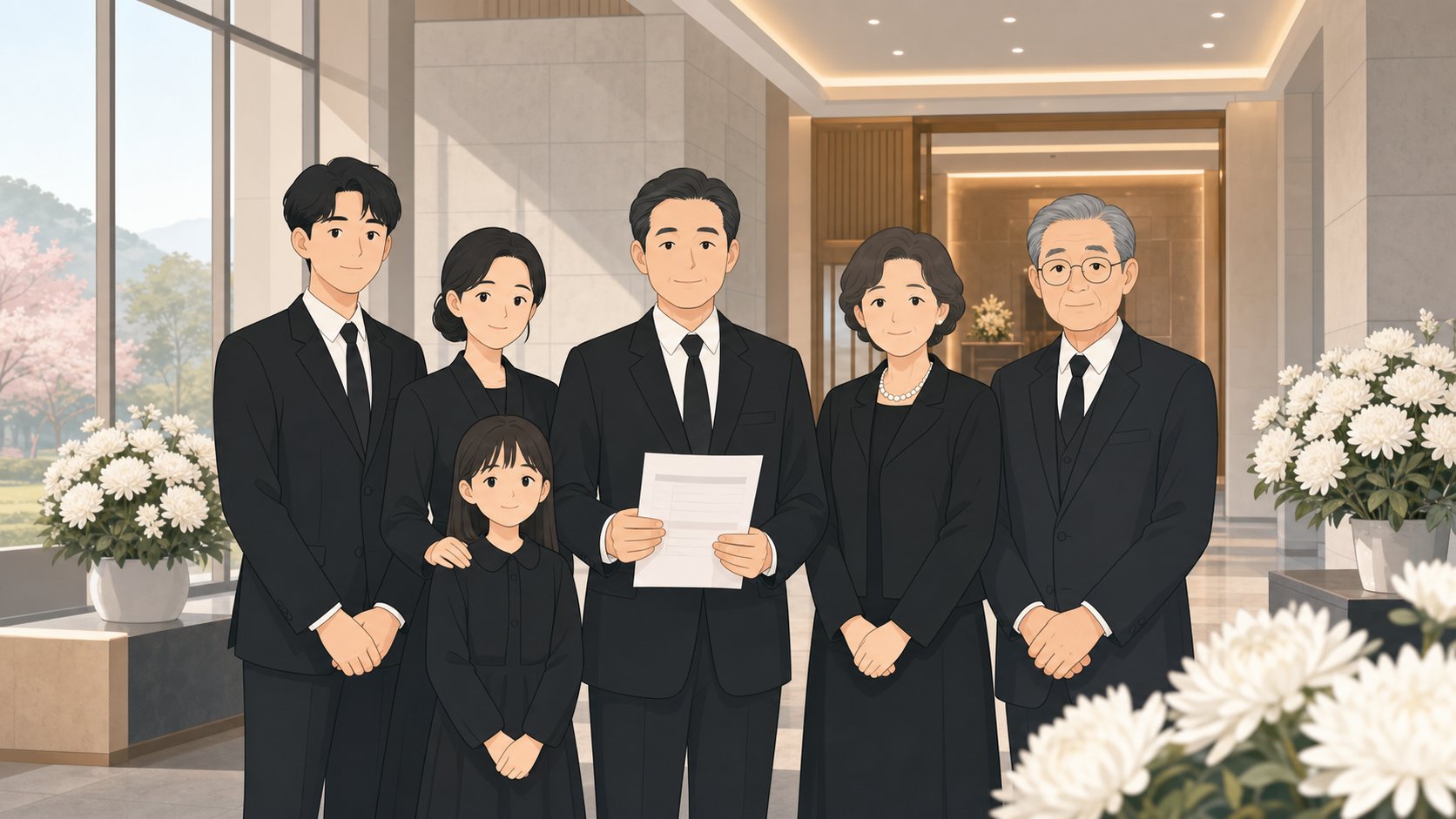 화장장 입구에서 예약 확인서를 확인하는 가족