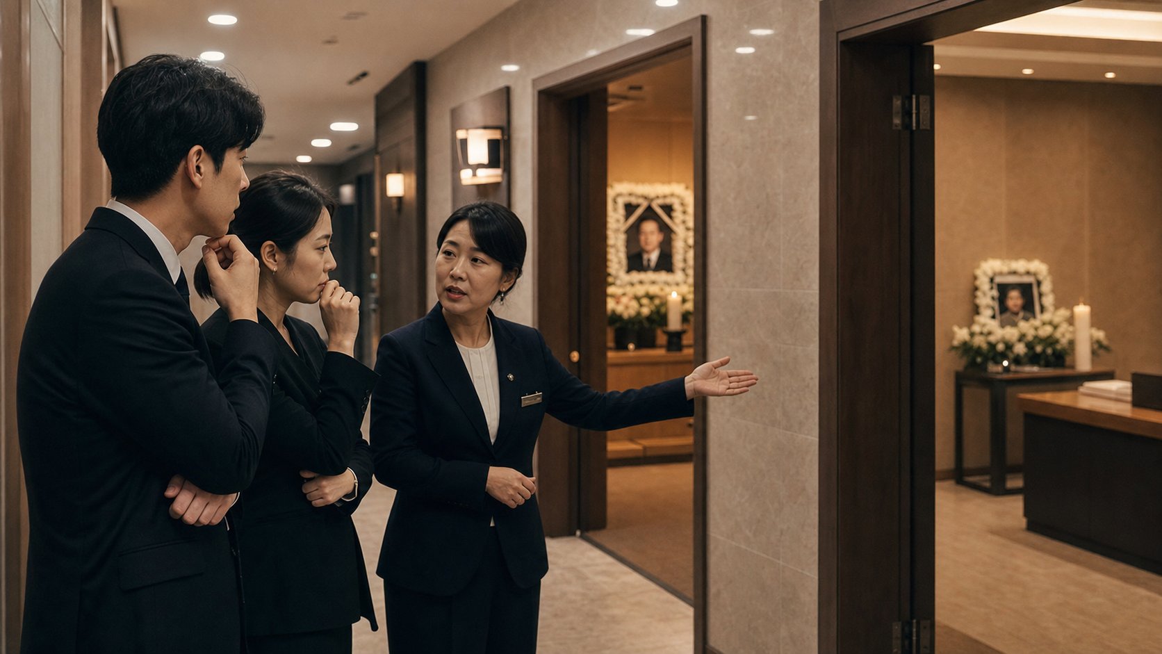 장례식장 빈소 평수를 비교하며 가족과 상의하는 직원