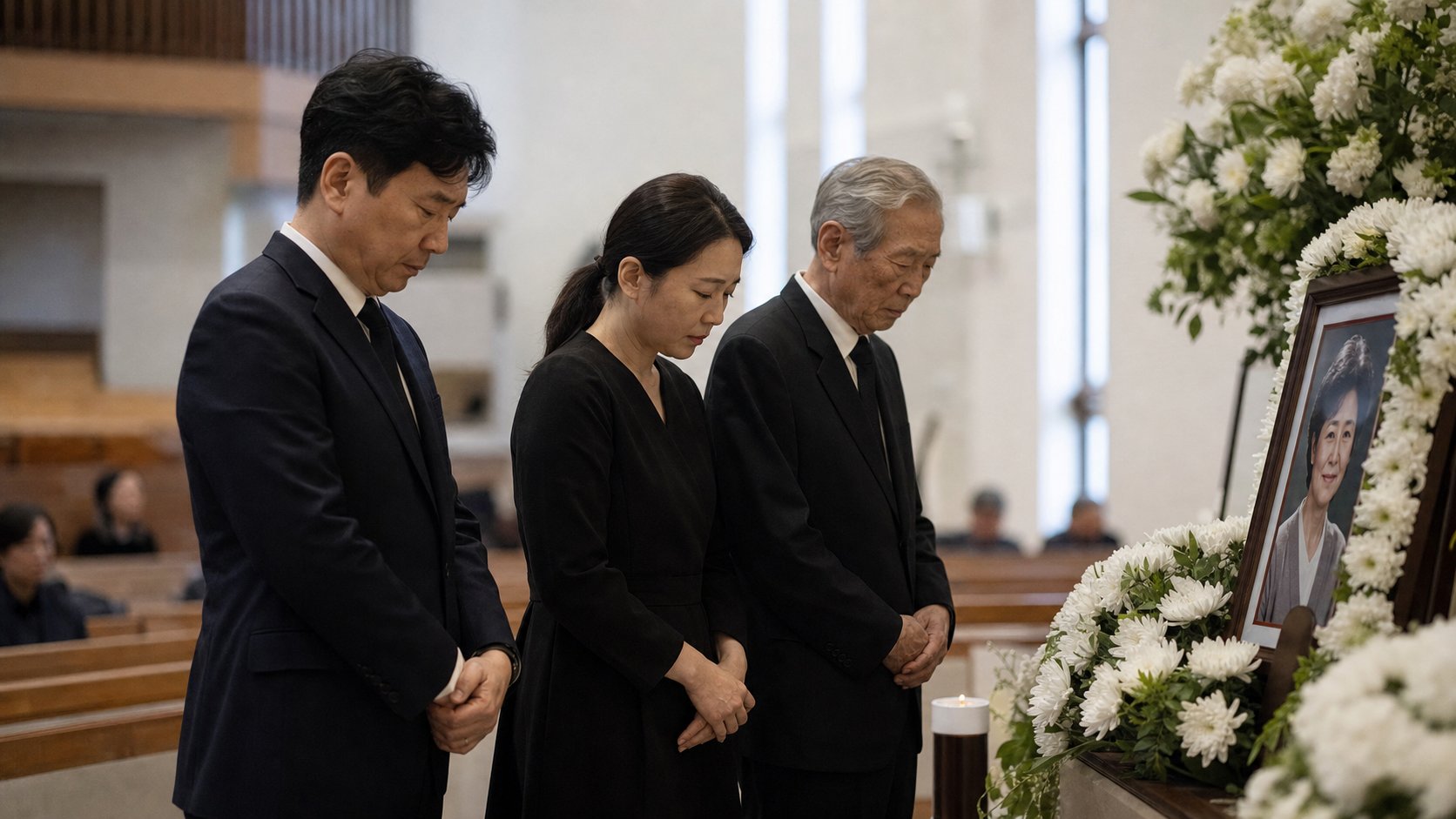 교회 추모관에서 가족이 영정을 바라보며 기도하는 장면