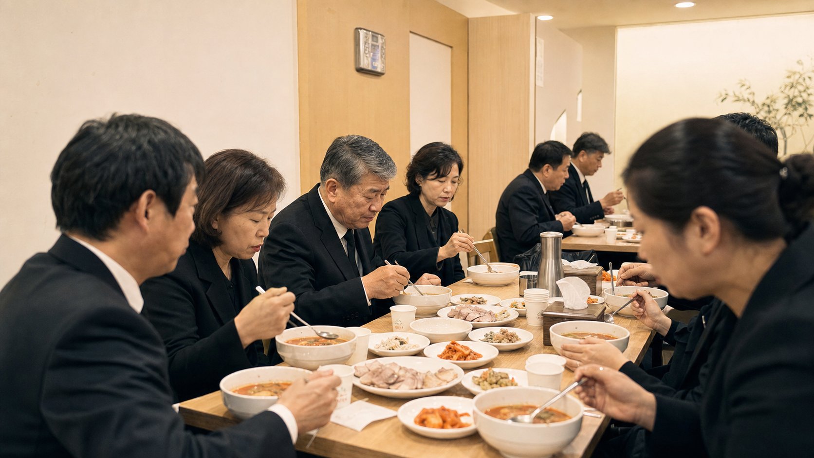 장례식장 식당에서 조문객이 차분히 식사하는 모습
