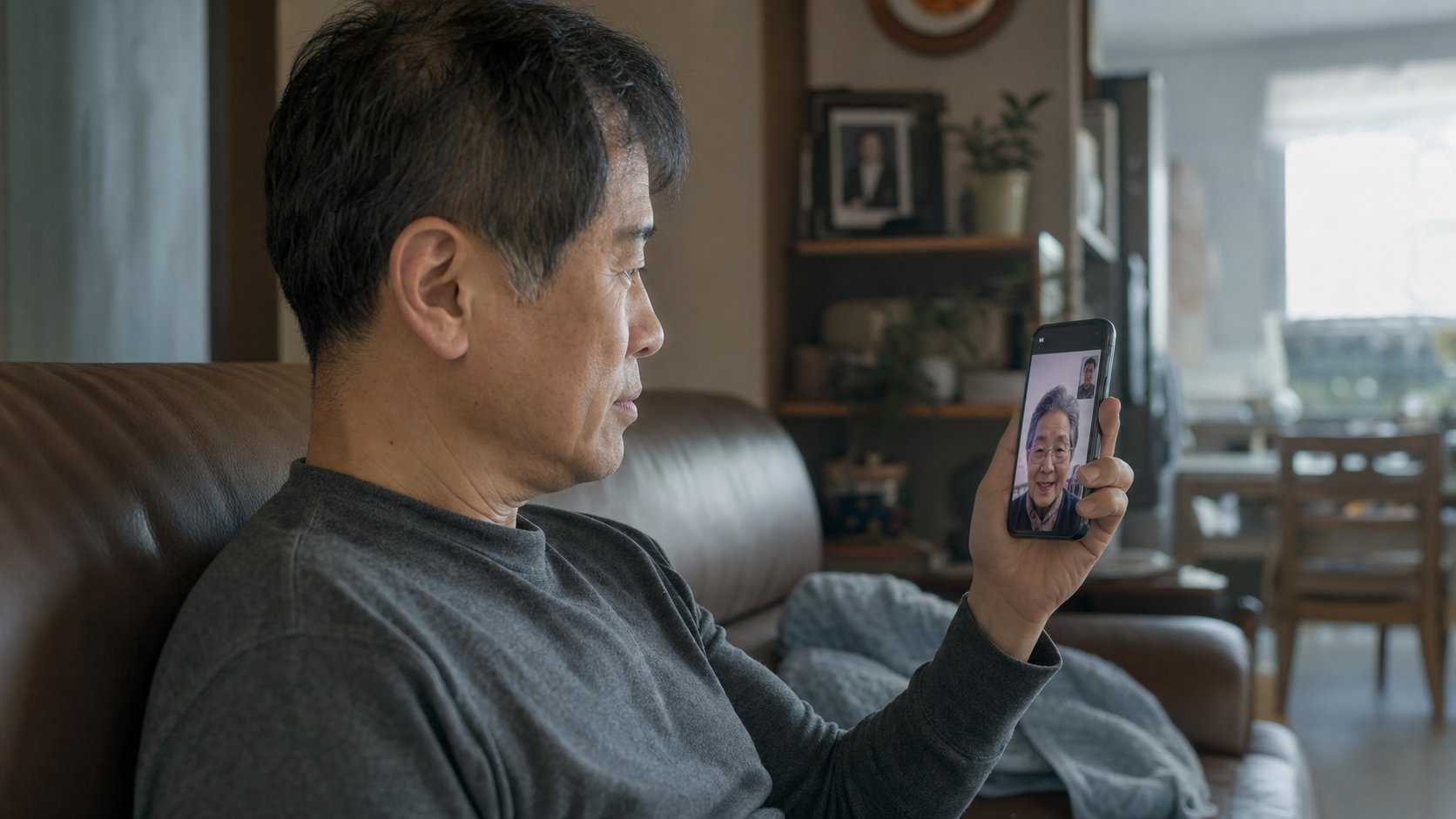 멀리 사는 부모님과 영상통화로 안부를 확인하는 모습