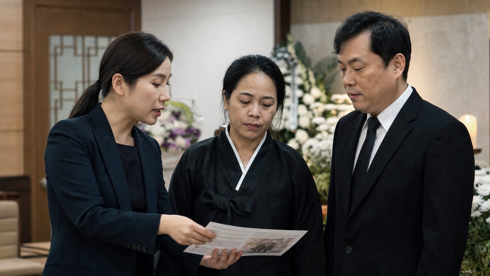 통역사가 외국인 가족에게 장례 절차를 설명하는 모습