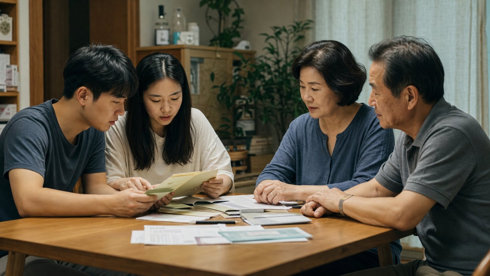 거실 식탁에서 통장과 서류를 정리하며 향후 생활을 의논하는 가족