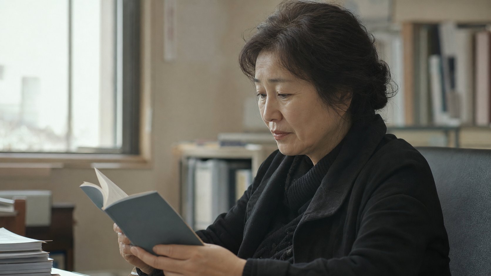 햇살이 드는 사무실에서 연금 안내 책자를 검토하는 유가족