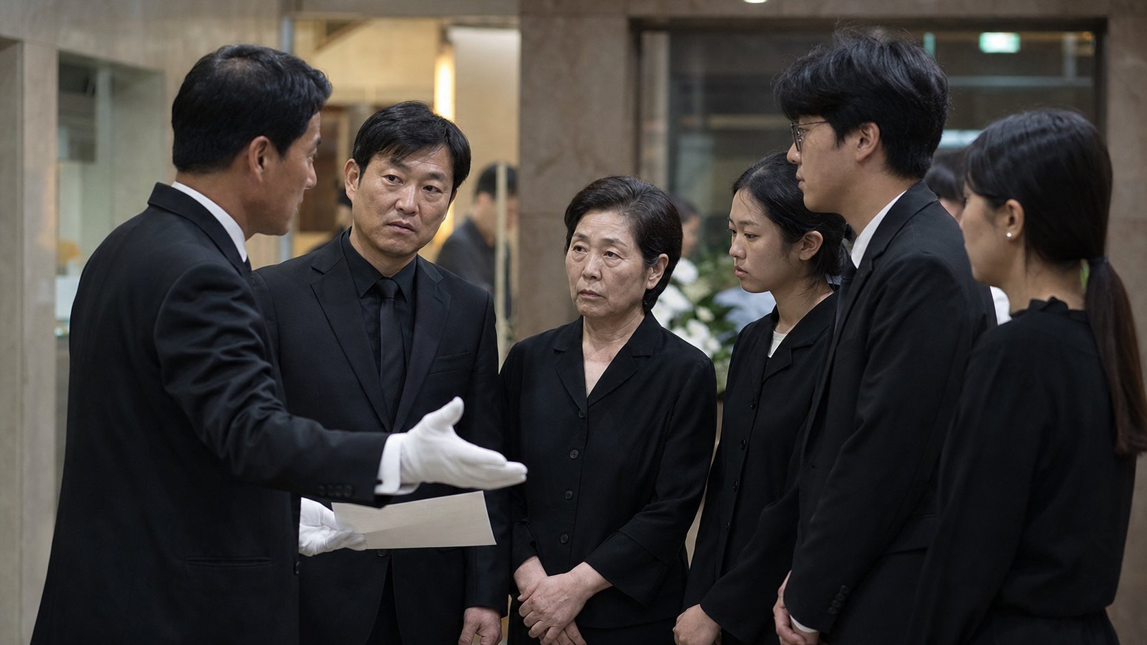 발인 전 유가족에게 운구 동선과 순서를 안내하는 의전 담당자